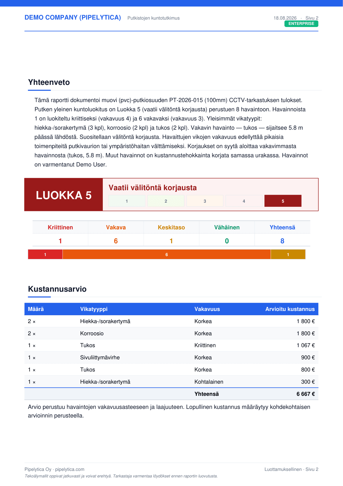 Esimerkkiraportin yhteenvetosivu