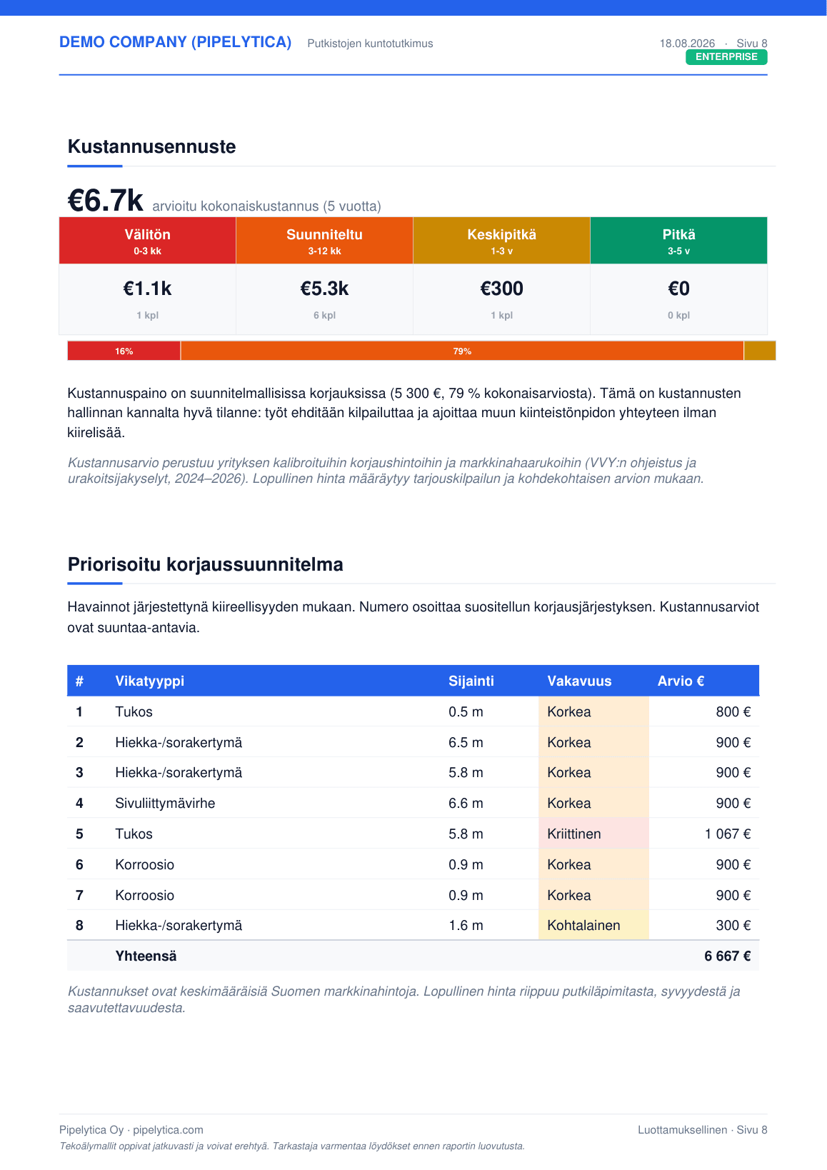 Esimerkkiraportin kustannusennuste